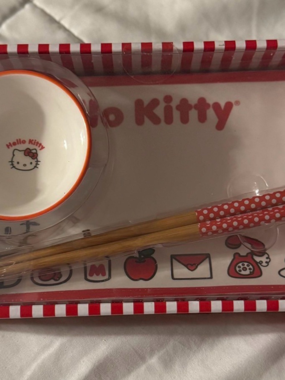 Hello Kitty Red & White Polka Dot Chopsticks with Matching Bowl Set